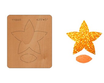 May include: A wooden die-cut tool with a star and leaf shape, labeled "YY8005" and "4.25 * 5". A separate orange glitter star and leaf shape are also present. The star measures approximately 4.25 inches by 5 inches.