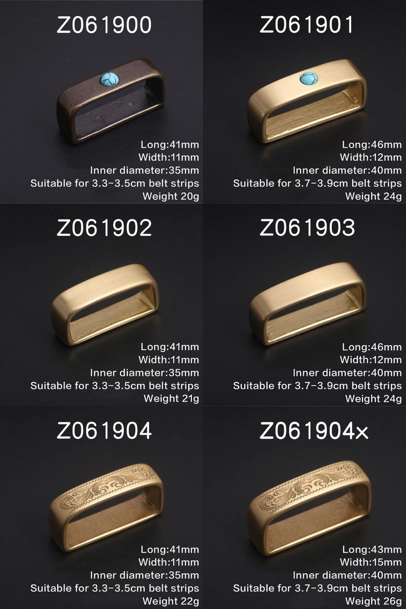 May include: Set of ten brass belt buckle keepers in various sizes. The keepers are rectangular with rounded corners and feature a turquoise stone in the center. The keepers are suitable for 3.3-3.5 cm and 3.7-3.9 cm belt strips. Z061900, Z061901, Z061902, Z061903, Z061904, Z061904x.