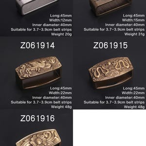 May include: Four different belt buckle designs, all made of brass. The buckles are rectangular and feature various designs, including a feather, a dragon, and a flower. The buckles are all 4.5 cm long and 2.2 cm wide. They are suitable for belts that are 3.7 to 3.9 cm wide.