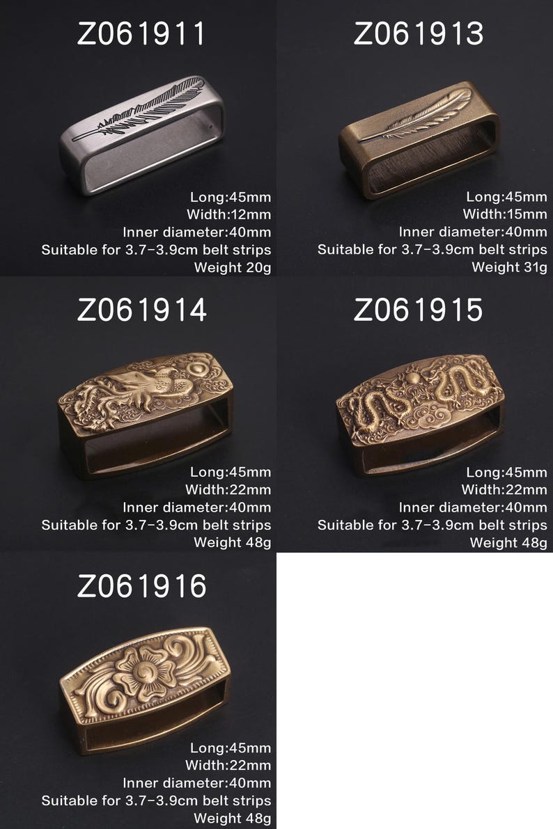 May include: Four different belt buckle designs, all made of brass. The buckles are rectangular and feature various designs, including a feather, a dragon, and a flower. The buckles are all 4.5 cm long and 2.2 cm wide. They are suitable for belts that are 3.7 to 3.9 cm wide.