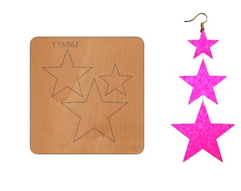 May include: A wooden die-cut template with three star shapes for crafting earrings. The template is labeled "YY6061". A pair of pink glitter star earrings are shown.