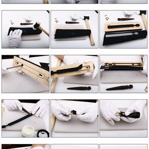 May include: A step-by-step guide on how to make a leather keychain with a metal ring. The process involves using a leather punch, a hammer, and a leather sewing awl. The finished keychain is black leather with a gold metal ring.