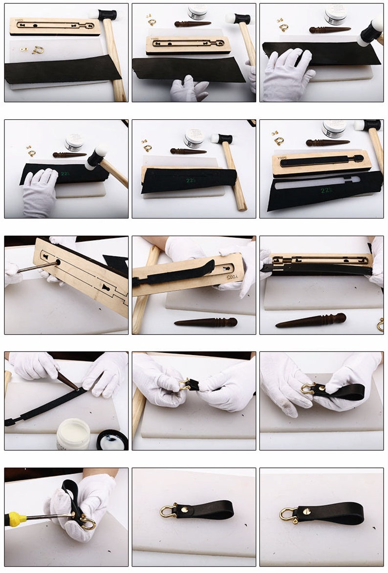 May include: A step-by-step guide on how to make a leather keychain with a metal ring. The process involves using a leather punch, a hammer, and a leather sewing awl. The finished keychain is black leather with a gold metal ring.