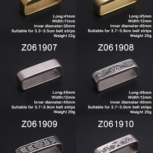 May include: Four different metal belt buckle keepers in various styles. The keepers are made of brass and silver metal and have engraved designs. The keepers are labeled with their product codes: Z061905, Z061906, Z061907, Z061908, Z061909, and Z061910. Each keeper has dimensions and weight information listed below it.