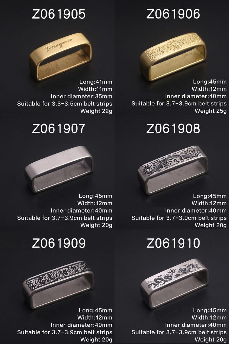 May include: Four different metal belt buckle keepers in various styles. The keepers are made of brass and silver metal and have engraved designs. The keepers are labeled with their product codes: Z061905, Z061906, Z061907, Z061908, Z061909, and Z061910. Each keeper has dimensions and weight information listed below it.