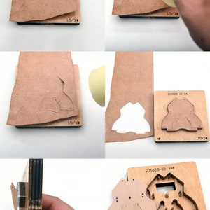 May include: A close-up of a leather craft punch tool with a wooden base. The tool has a rectangular shape with a cut-out design in the center. The tool is labeled "211025-10 日本刀" and "1.5/3".