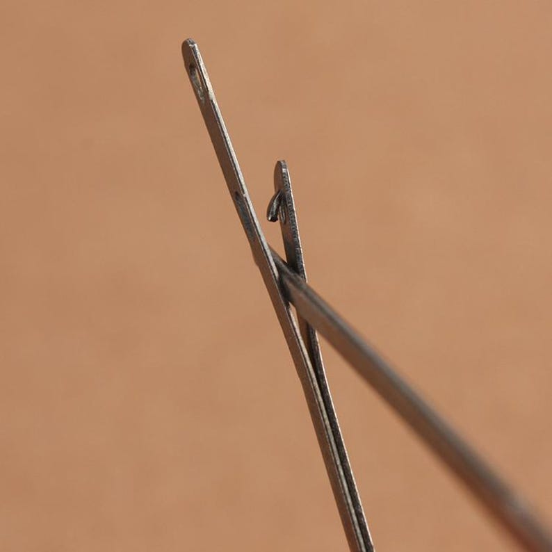 May include: Close-up of a silver sewing machine needle with a small loop at the top.