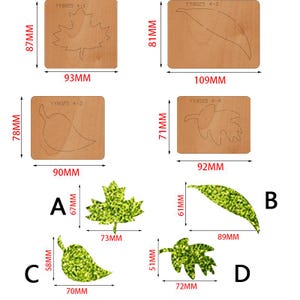 May include: Four different leaf-shaped die-cut templates on brown cardstock, with measurements in inches. The templates are for crafting and are labeled with the product code YY8025. Below the templates are four green glitter leaves, with measurements in inches, labeled A, B, C, and D.