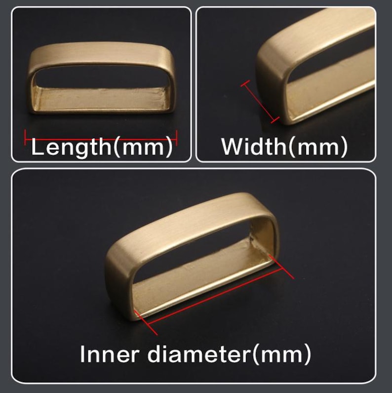 May include: A gold-colored metal buckle with a rectangular shape and rounded edges. The buckle has an inner diameter of approximately 2.5 inches, a length of 3.5 inches, and a width of 1 inch.