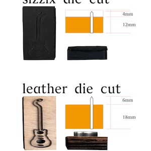 May include: Two die cuts for crafting, one black and one wood. The black die cut is labeled "sizzix die cut" and the wood die cut is labeled "leather die cut". Both die cuts are shaped like a guitar. The black die cut measures 12 mm by 4 mm. The wood die cut measures 18 mm by 6 mm.