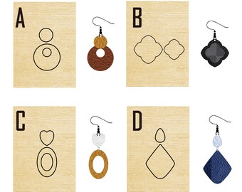 May include: Four different earring designs with the letters A, B, C, and D on a wood background. The earrings are made of leather, wood, and metal. The designs include a circle, a heart, a diamond, and a flower.