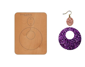 May include: A wooden template for cutting out earrings, with the code YY6059 printed on it. The template shows two circles, one inside the other, with a small hole at the top of the larger circle. The template is next to a pair of earrings, one with a pink glitter circle and the other with a purple glitter circle.