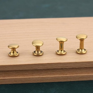 Può includere: Quattro rivetti in metallo dorati di diverse dimensioni, disposti in fila su una superficie di legno.