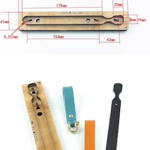 May include: A wooden leather craft template with a cut-out design for a key chain. The template is 15.4 inches long and 4.3 inches wide. The template is labeled "220528-22 日本".