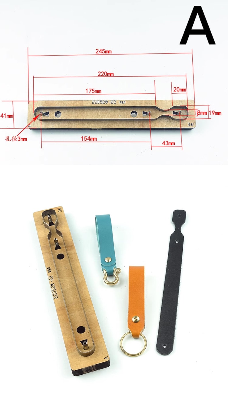 May include: A wooden leather craft template with a cut-out design for a key chain. The template is 15.4 inches long and 4.3 inches wide. The template is labeled "220528-22 日本".