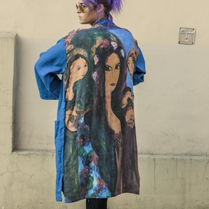 Blue Print Linen Duster / Lana Del Rey Print Jacket / Women Linen Coat / Women Wrap Coat / Oversized Duster / Linen Jacket / Handmade Coat