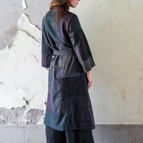 Women Patchwork Coat shops / Belted Long Wool Coat / Warm Wool Coat / Handmade Coat / One Of The Kind / Japan Style Coat / Slow Fashion