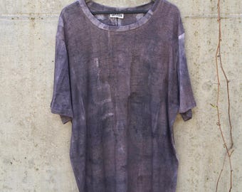 Hand-Painted Linen T-Shirt: Naturally Dyed Purple Grey, Loose Fit XXL