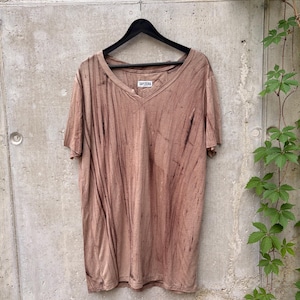 Naturally Dyed Hemp Tencel T-shirt: Dystopian Rocker Asymmetrical Collar Raw Edge Brown Beige Abstract Top image 1