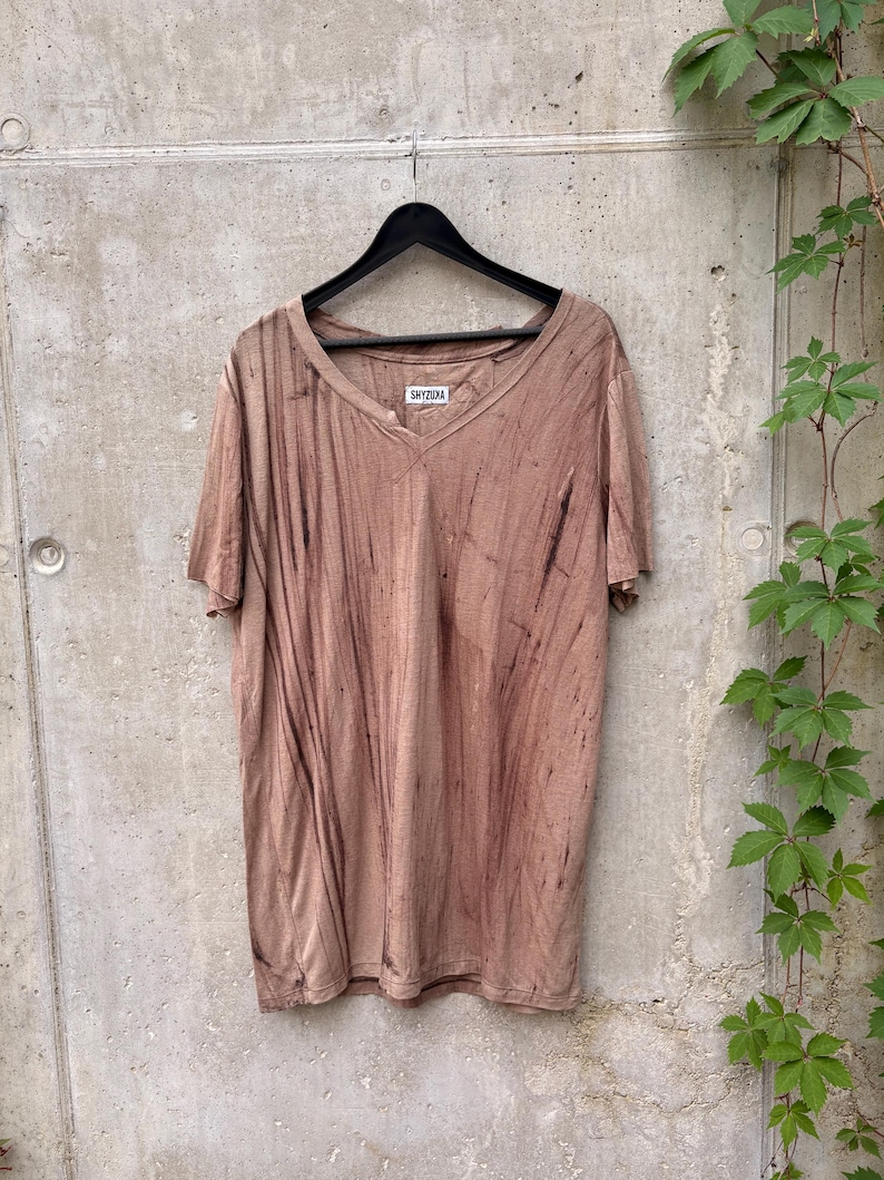 Naturally Dyed Hemp Tencel T-shirt: Dystopian Rocker Asymmetrical Collar Raw Edge Brown Beige Abstract Top image 1