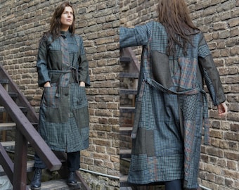 Upcycled Wool Patchwork Coat: Handmade Color Block Jacket