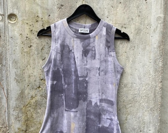 Naturally Dyed Cotton Grey Yellow Abstract Tank Top /Woman Hand Painted Ribbed Cotton Tank/ Extract Dyed Eco Fabric Handmade Woman Large Top