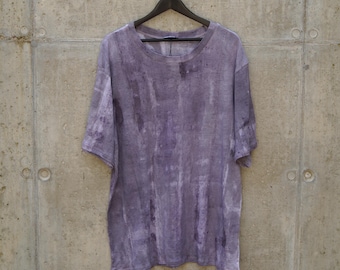 Hand-Painted Linen T-Shirt XXL: Naturally Dyed Purple Grey Top