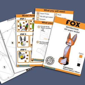 Peut inclure: Feuilles d'instructions pour un mod&egrave;le de renard en papier &agrave; faire soi-m&ecirc;me. Les feuilles montrent les &eacute;tapes d'assemblage et le mat&eacute;riel requis. Le renard fini est orange, blanc et noir, avec des dimensions de 50cm x 20.4cm x 18cm. Instructions de Tobacco3D.