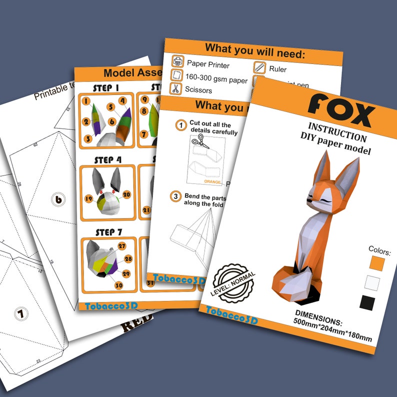 Peut inclure: Feuilles d'instructions pour un mod&egrave;le de renard en papier &agrave; faire soi-m&ecirc;me. Les feuilles montrent les &eacute;tapes d'assemblage et le mat&eacute;riel requis. Le renard fini est orange, blanc et noir, avec des dimensions de 50cm x 20.4cm x 18cm. Instructions de Tobacco3D.