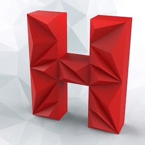 May include: A vibrant red, geometric letter "H" stands out against a white and gray polygonal background. The letter is 3D, with a faceted design, creating a modern and eye-catching visual.
