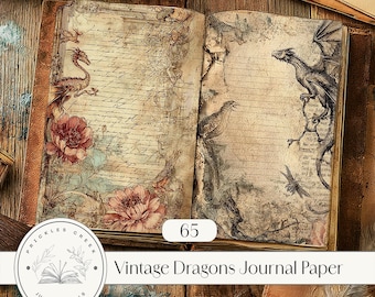 Vintage Dragon Junk Journal Pages, Junk Journal Supplies, Junk Journal Kits, Antique Sketch Paper, Fantasy Dragon, Medieval - JPG 65 paper