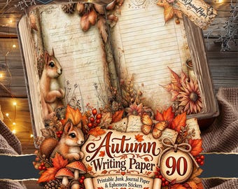 May include: An open journal with lined pages featuring illustrations of squirrels, autumn leaves, mushrooms, and butterflies. The text reads Digital Download, Prickles Journal Paper, and Autumn Writing Paper 90 Printable Junk Journal Paper & Ephemera Stickers.