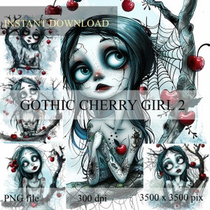 Clipart sweet gothic "Cherry Girl II" - Tim Burton style, scrapbook, scrapbooking, junk journal, tagebuch, sticker - digitaler download