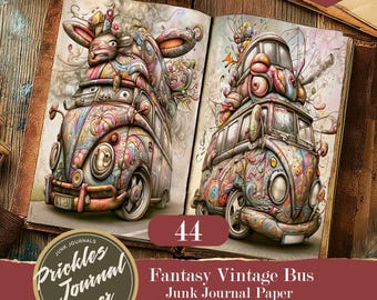 May include: An open book displaying two pages with intricate, colorful illustrations of vintage buses. The buses feature surreal, swirling patterns in shades of pink, blue, and orange, with whimsical, organic shapes piled on top of their roofs.