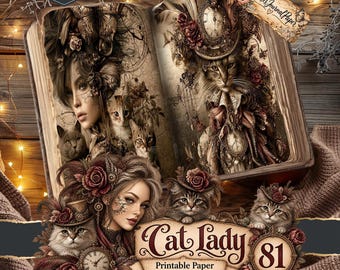 May include: A digital download printable paper featuring an open book with illustrations of a person and cats adorned with roses, clocks, and hats. The text reads Digital Download, Prickles Journal Paper, and Cat Lady 81 Printable Paper.