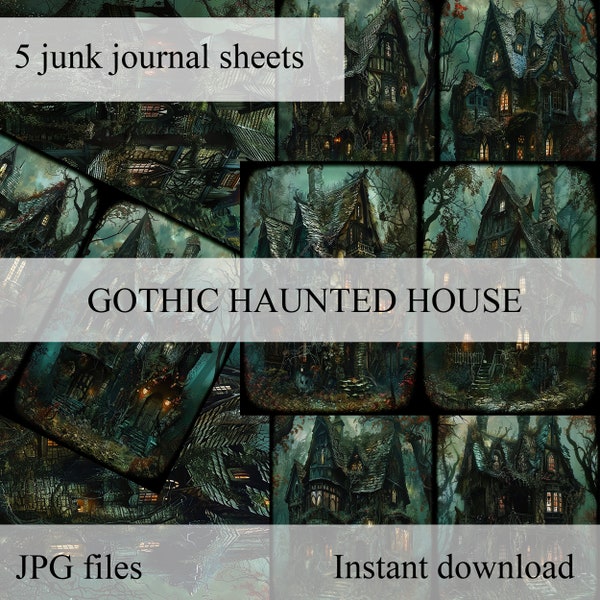 Bundle 5 blatt, haunted house, whimsical witches, collage, sammlung, scrapbooking, junk journal, grunge - download