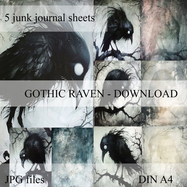 Bundle 5 sheets "Gothic Raven", collage, digital download, junk journal, wallart, wallpaper, vintage, fantasy, scrapbooking