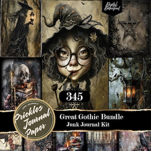 Könnte beinhalten: Ein digitales Junk-Journal-Kit mit dem Titel Great Gothic Bundle 345, das verschiedene Illustrationen enthält, darunter eine Hexe mit Brille, einen Totenkopf auf Büchern, ein Pentagramm und eine leuchtende Laterne in einem Wald, alles in düsterem Stil.