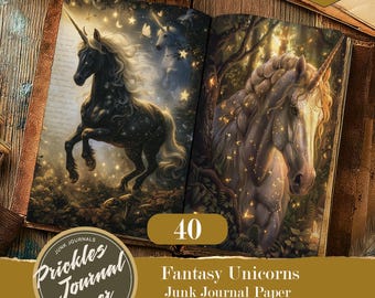 May include: An open book displaying two pages with fantasy unicorn illustrations. The left page shows a black unicorn with a flowing mane and stars, while the right page features a white unicorn in a forest. Text reads 40 Fantasy Unicorns Junk Journal Paper.