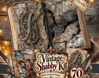 May include: A digital download kit featuring an open book with aged, stained pages displaying ornate scrollwork and cursive script. The kit includes a tag labeled Prickles Journal Paper and a banner reading Vintage Shabby Kit Junk Journal Pages with the number 70.
