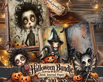 Può includere: Un pacchetto digitale di carta per junk journal a tema Halloween con illustrazioni di personaggi dagli occhi grandi, zucche, pipistrelli e ragni. Il testo recita Digital Download, Prickles Journal Paper, Halloween Bundle Junk Journal Paper 100.