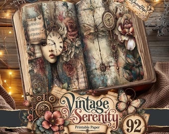 May include: An open book featuring vintage-style illustrations of a face, clocks, roses, and musical notes. A decorative tag labeled Prickles Journal Paper is attached. The text Vintage Serenity 92 Printable Paper is displayed on a banner.