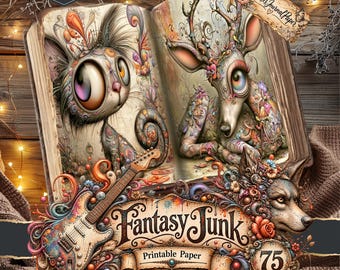 May include: An open book featuring illustrations of a large-eyed cat and a deer with antlers, surrounded by colorful floral patterns. An electric guitar sits below the book, with text reading Fantasy Junk Printable Paper 75 and Prickles Journal Paper.