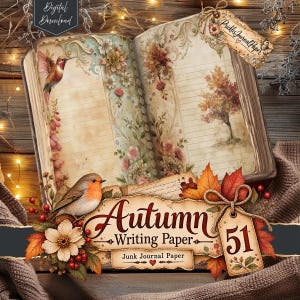 Könnte beinhalten: Ein offenes Buch mit linierten Seiten, floralen Illustrationen, einem Kolibri und einem Herbstbaum. Ein Etikett zeigt Prickles Journal Paper und Autumn Writing Paper 51. Das Design umfasst ein Rotkehlchen, Herbstblätter und Beeren auf Textur.