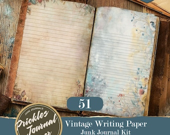 May include: An open journal featuring two pages of lined writing paper with vintage-style floral illustrations in the corners. The left page has a sepia-toned background, while the right page features a soft blue and yellow watercolor wash design.