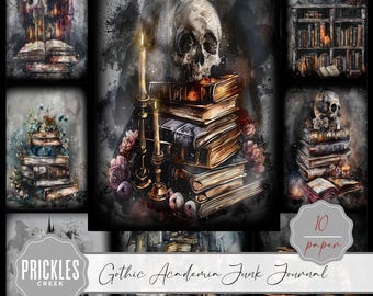 May include: A collage of watercolor illustrations with a gothic academia theme. The images include stacks of old books, a skull, candles, a castle, and a bookshelf. The text "Prickles Creek" and "Gothic Academia Junk Journal" are visible.