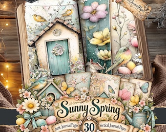May include: An open book featuring illustrations of a birdhouse, flowers, birds, and butterflies with the text Sunny Spring, 30 Vertical Journal Paper, and Prickles Journal Paper. The pages display soft pastel colors, floral motifs, and garden scenes.
