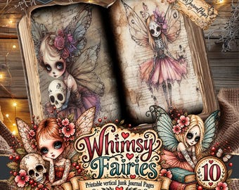 May include: A digital download set of printable junk journal pages featuring illustrations of fairies with large eyes, floral accents, and skulls. The text reads Digital Download, Prickles Journal Paper, and Whimsy Fairies Printable vertical Junk Journal Pages 10.