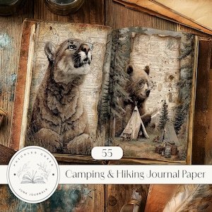 Hiking camping junk journal printable pages, national park kit, adventure map wphemera, mountain nature, travel scrapbook - JPG 55 paper