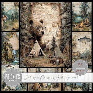 Può includere: Un collage di illustrazioni in stile vintage a tema campeggio. L'immagine centrale presenta un orso con gli occhiali, che legge vicino a una tenda. Altri pannelli mostrano un puma, una scena lacustre con un falò, uno zaino e un pesce. Il testo recita "Hiking & Camping Junk Journal".